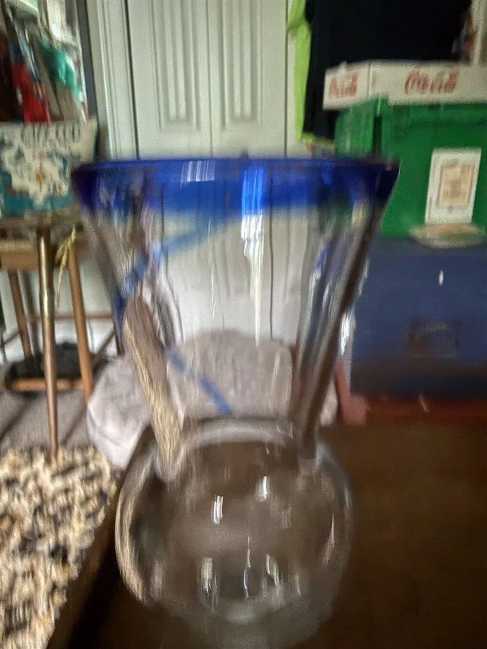 Tgif Fridays Hand-Blown Hurricane Daiquiri Glass Blue Trim